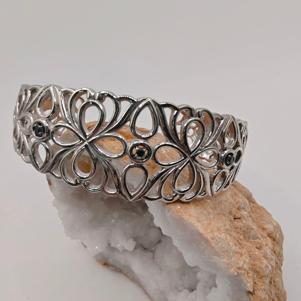 Vintage Designer 925 Sterling Silver Filigree Floral Smoky Quartz Cuff Bracelet